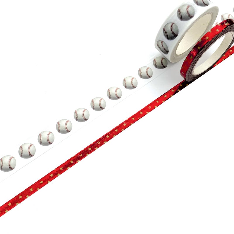 Paper House Productions Sticky Pix Die Cut Baseball Set of 2 Foil Accent Washi Tape Rolls for Scrapbooking and Crafts - Image 1